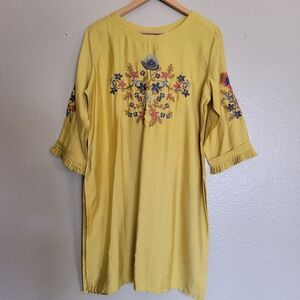 NWT FRESTA Dark Yellow Embroidered Long Slit Tunic